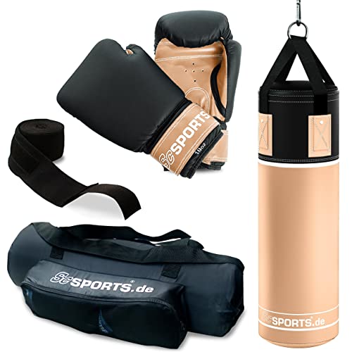 ScSPORTS Boxsack-Set, für Jugendliche und Kinder, Box-Set mit Boxhandschuhen, Boxbandagen und Tasche, 12 kg, beige/schwarz