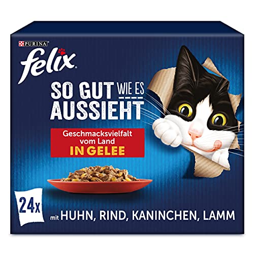 FELIX So gut wie es aussieht Katzenfutter nass in Gelee, Sorten-Mix, 4er Pack (4 x 24 Beutel à 85g)