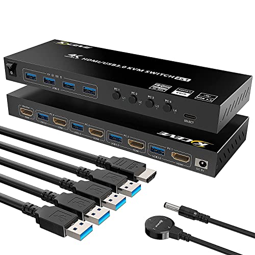 KVM HDMI Umschalter, 4 Computer USB 3.0 KVM Switch unterstützt 4K @ 60Hz Auflösung für 4 PC Share Maus, Tastatur und Monitor