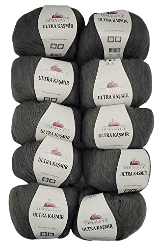 10 x 50 Gramm Himalaya Kashmir Strickgarn einfarbig, 500 Gramm Strickwolle mit 25% Alpaca Wolle, uni (grau 56825)
