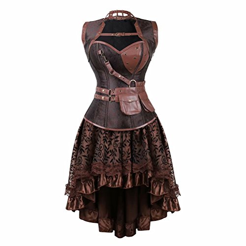 Korsett Damen Corsagenkleid Steampunk Leder Gothic Bustier Vollbrust Corsage Kleid Rock Asymmetrie Piraten Braun XL