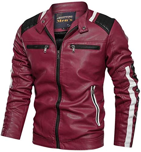 Herrenjacke aus weichem Echtleder, antiker Stil, farblich abgestimmt, mit Reißverschluss, Biker-Stil, Rot, Größe 6XL