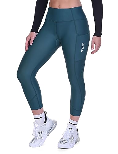 Damen 3/4 Gepolsterte Radleggings mit hoher Taille, atmungsaktive Fahrradshorts mit Taschen, rutschfest und schnelltrocknend - Blau, XS