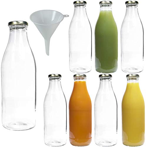 Viva Haushaltswaren #34767# 8 x Weithals-Glasflasche 1000 ml mit goldfarbenem Schraubverschluss, als Milchflasche, Saftflasche & Smoothieflasche verwendbar (inkl. Trichter Ø 9,5 cm)