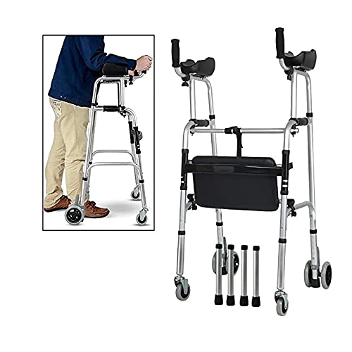 Aufrecht stehen mit Sitz, verstellbare Gehhilfen mit Armlehne für Behinderte mit eingeschränkter Mobilität, faltbar, 4 Räder, Silber. Doppelter Komfort