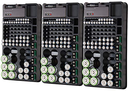 tka Köbele Akkutechnik Batterie-Aufbewahrung: 3er-Set 2in1-Batterie-Organizer für 98 Batterien, mit Batterie-Tester (Batterie-Prüfer)