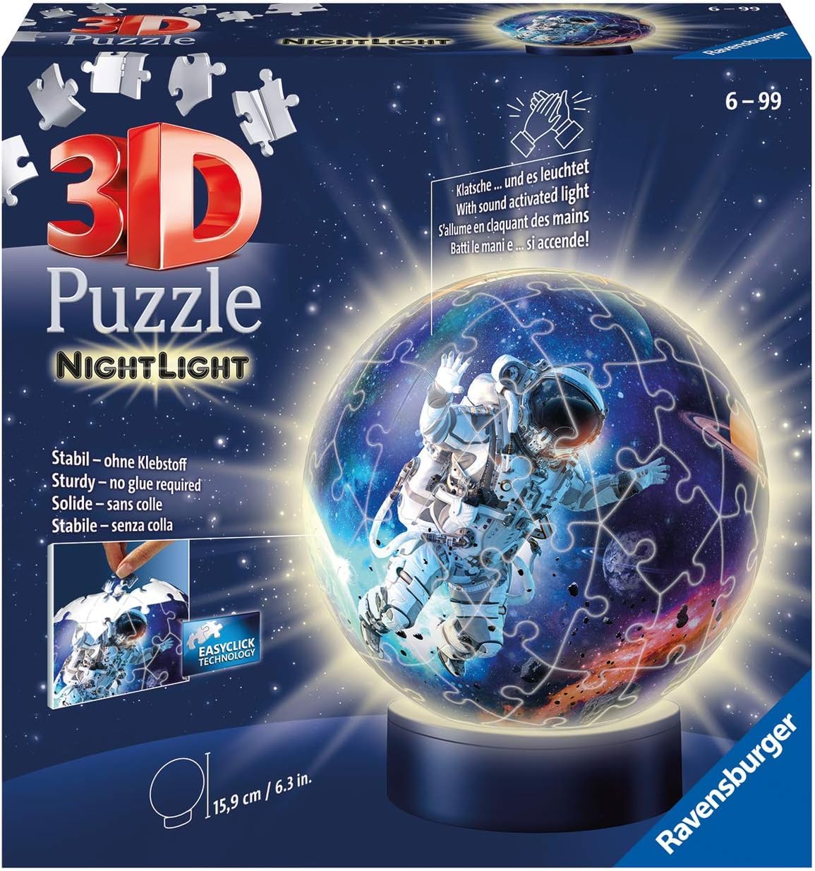 Ravensburger 3D Puzzle 11264 - Nachtlicht Puzzle-Ball Astronauten im Weltall - 72 Teile - ab 6 Jahren, LED Nachttischlampe mit Klatsch-Mechanismus
