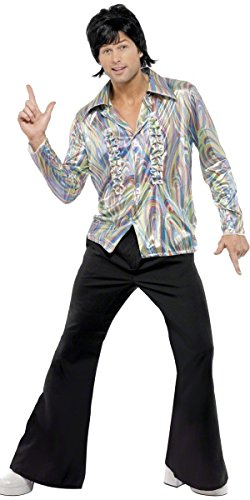 70er Retro Herrenkostüm Schwarz mit psychedelischem Muster Hemd und Schlaghose, Medium