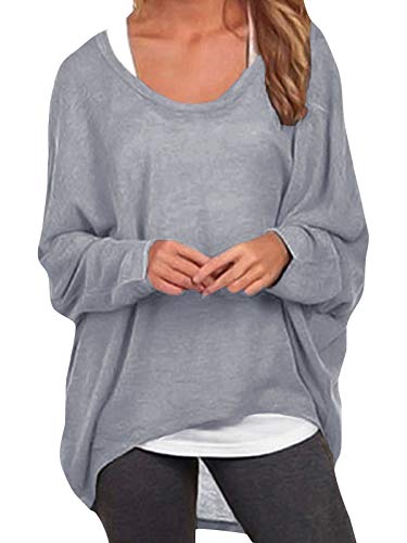 ZANZEA Damen Lose Asymmetrisch Jumper Sweatshirt Pullover Bluse Oberteile Oversize Tops Grau XL