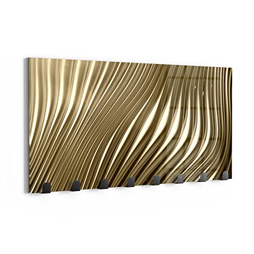 DEQORI Wandgarderobe Glas & Metall | Motiv Goldenes Rillendesign | 60x30 cm | Design Haken-Leiste modern | Garderoben-Paneel für Flur, Wohnzimmer & Schlafzimmer | magnetisch & beschreibbar