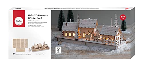 Rayher Holz 3D-Baus. Winterdorf, FSC Mix Credit, natur, 40x14,5x17cm, 84teilig, Weihnachtsdekoration, 63158505