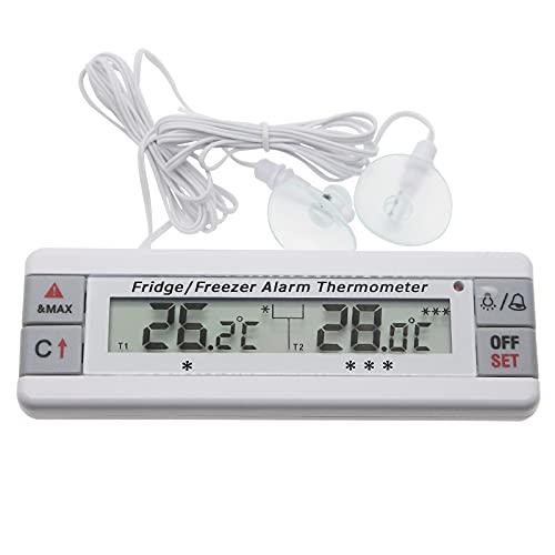 Kühlschrank-/Gefrierschrank-Alarm-Thermometer, 2 Kanäle, Kühlschrank-Thermometer mit LED-Alarmanzeige, Max/Min Speicher für Zuhause, Küche, Restaurants, Bars, Cafés