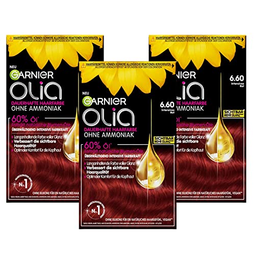 Garnier Olia 6.60 Intensiv Rot Dauerhafte Haarfarbe ohne Ammoniak mit pflegenden, natürlichen Ölen, Vollständige Grauhaarabdeckung, Permanente Coloration - 3 x 1 Stück