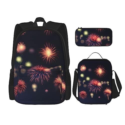 OdDdot Schulrucksack-Set, Reiserucksack, leichte Büchertasche, mit Lunch-Tasche, Federmäppchen, Fantasie-Piratenschiff-Aufdruck, Explosionsfeuerwerk 3D, Einheitsgröße, Schulranzen-Set