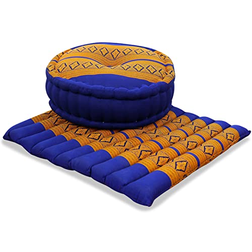 livasia Yogaset BZW. Meditationsset: 1 x Zafukissen (Yogakissen) + 1 x Sitzkissen (Meditationskissen) mit Kapokfüllung (blau/gelb)