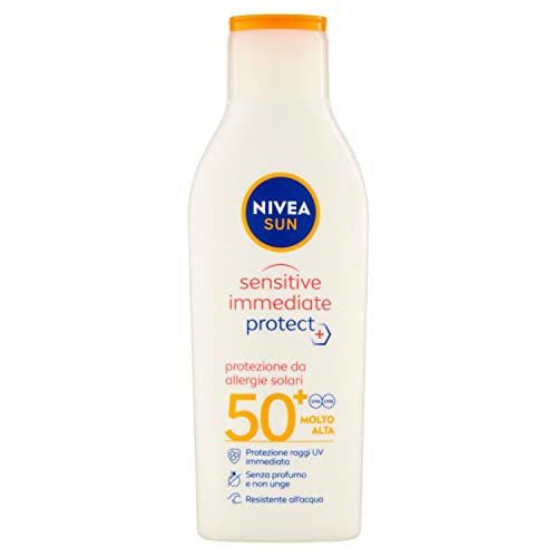 NIVEA SUN Sensitive Sonnencreme Immediate Protect FP50+ in 200 ml Flasche, Sonnenmilch mit Aloe Vera und Antioxidantien, Sonnenschutz gegen Sonnenallergie