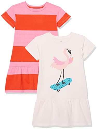Spotted Zebra Mädchen T-Shirt-Strickkleider mit kurzen Ärmeln und lockerer Passform, 2er-Pack, Flamingo/Streifen, 6-7 Jahre