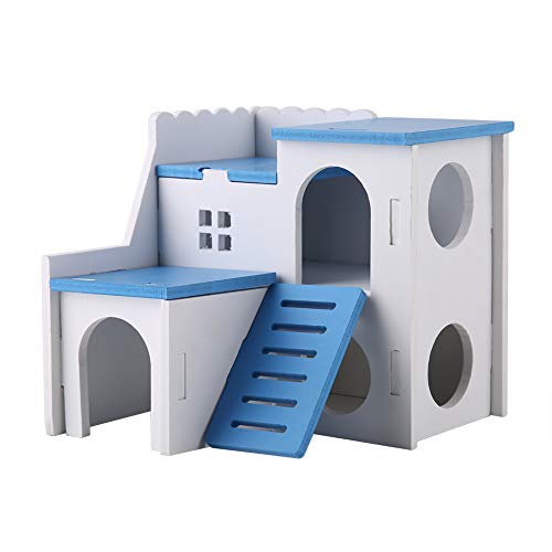Winnfy Hamster Versteck Hütte Haus Hamster Spielhaus Holz Montiert Villa Haustier Nest Haus Doppelschichten Zimmer Blau
