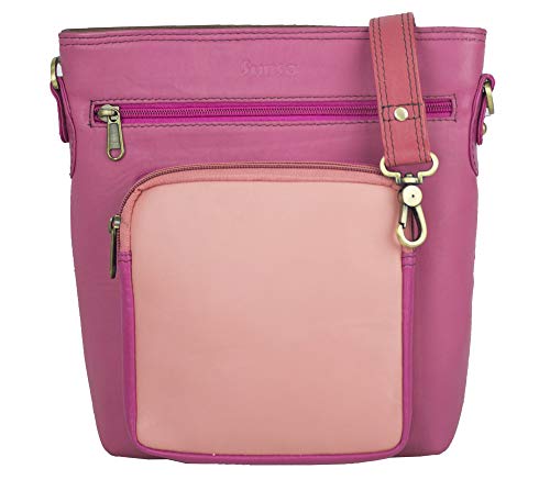 Sunsa Damen Leder Umhängetasche. Mittlere groß Schultertasche. Einzigartig Bunte Ledertasche. Damentasche mit Reißverschluss vorderetasche (pink rosa)