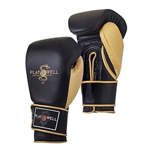 Playwell Premium Pro Boxhandschuhe "Champion" aus echtem Leder, Schwarz/Gold, 400 g