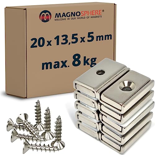 10 x Magnetleiste starker Magnethalter 20 x 13,5 x 5mm, 10 Stück, Neodym Magnet extra stark mit Senkbohrung, starker Halt, für Büro, Haushalt oder Werkstatt - hält 8 kg