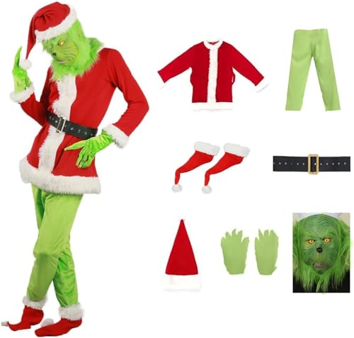 Weihnachtsmann-Anzug, weihnachtsgrünes großes Monster-Kostüm, 7-teiliges Weihnachtsmann-Kostüm for Herren, Deluxe-Weihnachtsoutfit-Partyanzug mit Maske, Weihnachtsmütze und Handschuhen, Weihnachtsmann