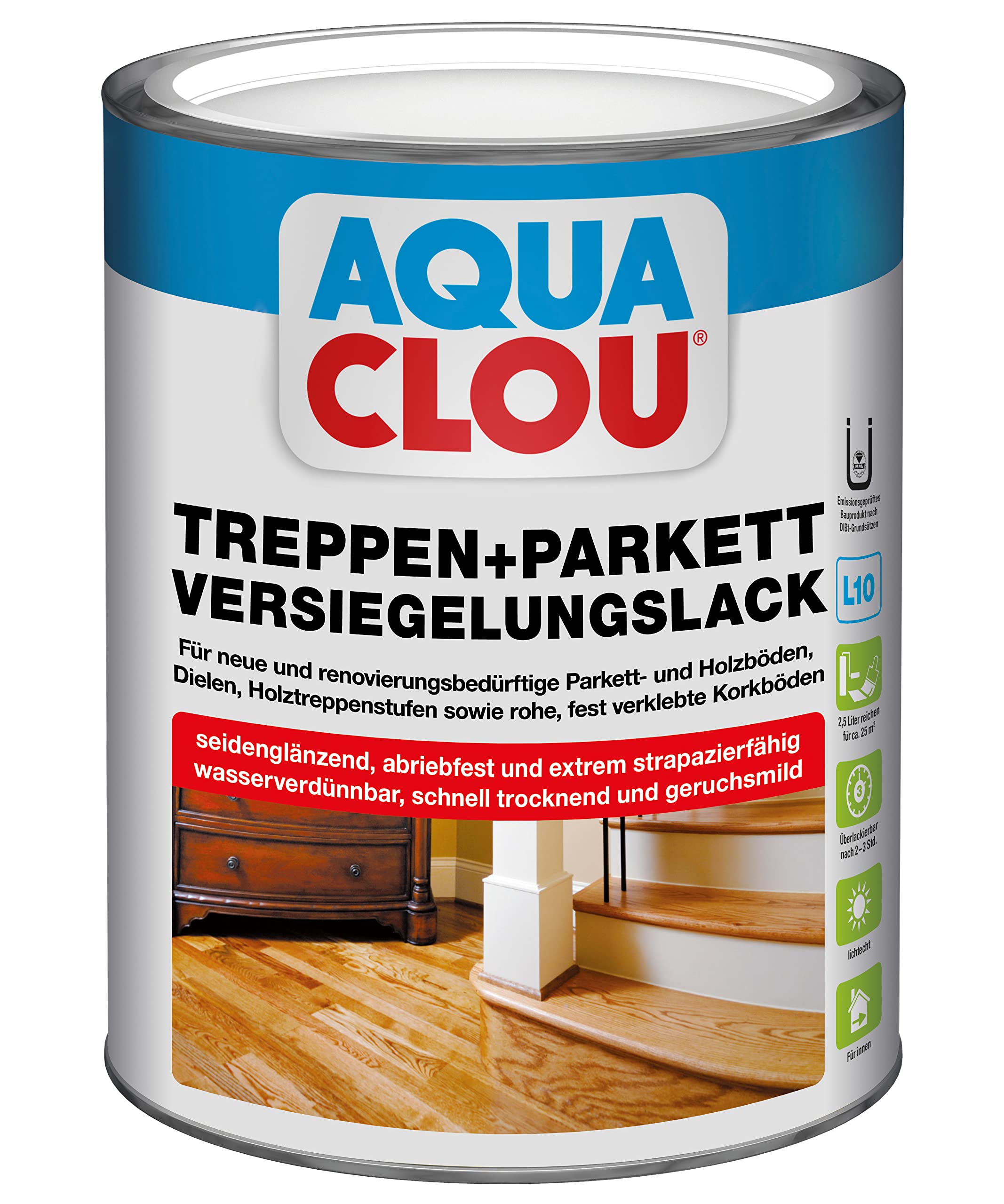 Aqua Clou Treppen- und Parkett Versiegelungslack 2,5L: Anwendung auf neuen Holzböden und im Rahmen der Renovierung für Dielen, Holz-Treppenstufen sowie Korkböden
