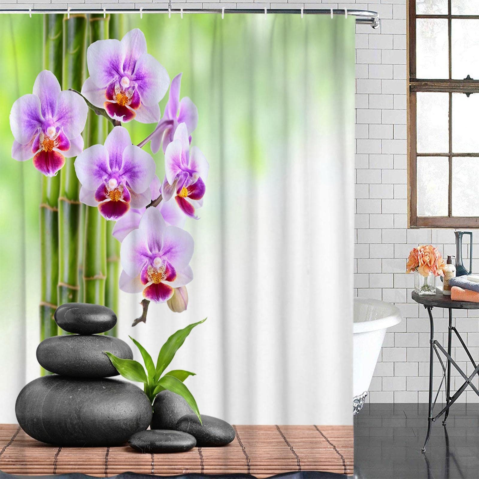 KEPPD Bambus-Orchideen-Zen-Duschvorhang, wasserdichter Badezimmer-Duschvorhang mit Hakenzubehör, Badezimmerzubehör, schnell trocknend, XXL, 90 x 200 cm (35 x 79 Zoll), Duschvorhang