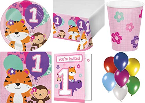JT-Lizenzen 1. Geburtstag Mädchen 91-teiliges Kinder Party Deko Set Motto Fete Feier 8 Teller, 8 Becher, 16 Servietten, Tischdecke, 8 Einladungskarten, 50 Luftballons