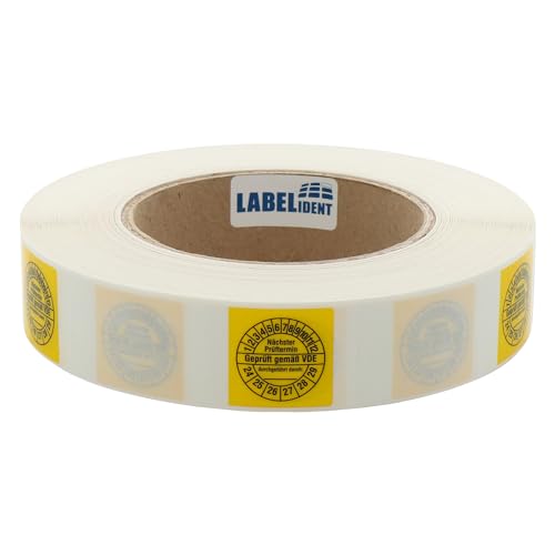 Labelident Kabelprüfplaketten 25 x 70 mm für Kabel-Ø 7,5 bis 16,5 mm - Geprüft gemäß VDE / Nächster Prüftermin - 1000 Prüfplaketten auf Rolle 2024-2029, Vinylfolie gelb