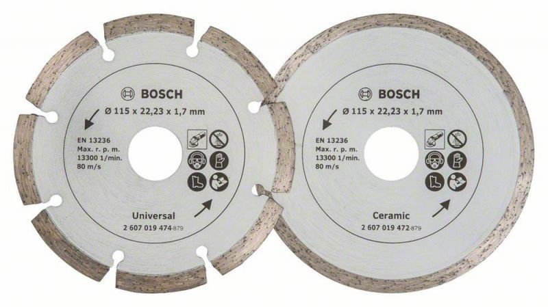 Bosch Diamanttrennscheibe für Fliesen und Baumaterial, Durchmesser: 115 mm, 2er-Pack 2607019478