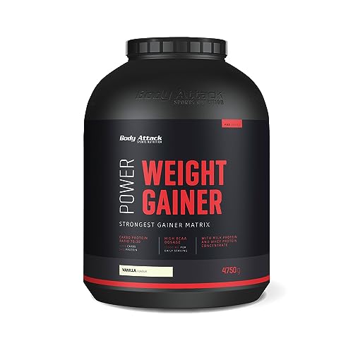 Body Attack Power Weight Gainer - Vanilla, 4,75 kg - 100% Masseaufbau, Kohlenhydrat-Eiweißpulver zum Muskelaufbau mit Whey-Protein, ideal für Hardgainer