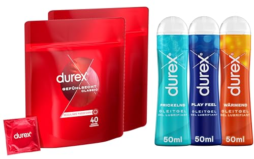 Durex Kondome Gefühlsecht Classic, 2 x 40 Stück + 3 x 50ml Gleitgel Wärmend, Prickelnd, Play Feel