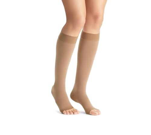 JOBST Schwangerschaftsstrümpfe blickdicht, kniehoch, 20–30 mmHg, feste Unterstützung für schmerzende Beine während der Schwangerschaft, offene Zehen, Karamell, Größe L