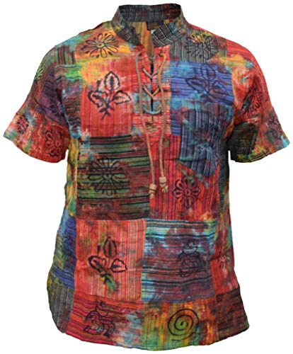 Gheri Patchwork Tie Dye Spiralsymbole Festival Hippie Kordelzug Schnürung Grandad Kragen Kurzarm T-Shirt X-Large