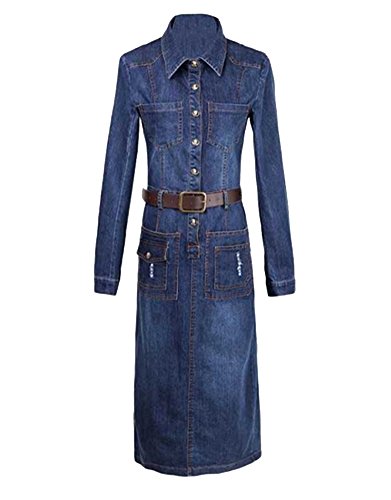 Guiran Damen Casual Jeanskleid Langarm Retro Party Denim Hemd Kleid Lange Kleider Jeanskleider Blau