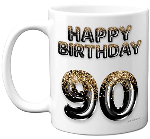 Geschenk zum 90. Geburtstag für Männer – Schwarz Gold Glitzer Luftballons – Happy Birthday Tasse Geschenk für 90 Jahre alten Vater, Großvater, Onkel, Cousin, Opa, 325 ml, Keramik, spülmaschinenfest,