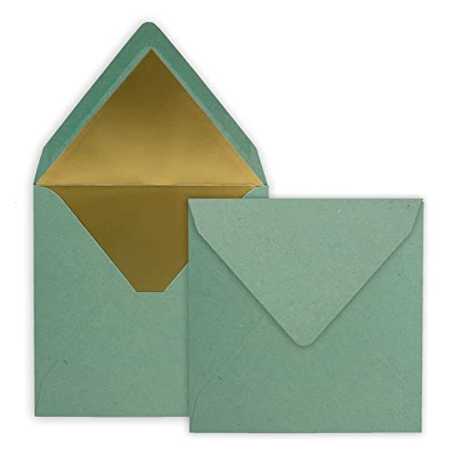 50 quadratische Brief-Umschläge - 15,5 x 15,5 cm, Kraftpapier Recycling Eukalyptus - mit Gold-Papier gefüttert - Nassklebung - Vintage-Look