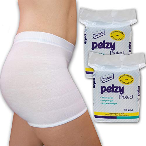 Premium-Pack: Cosmea Pelzy Protect 2x30Stk. große Wochenbett Binden PLUS 4Stk. Wöchnerinnen Panties (mit Bein), wählbare Größen. Ideale Vlies-/Saug-Vorlagen Kombi nach der Geburt (XL)