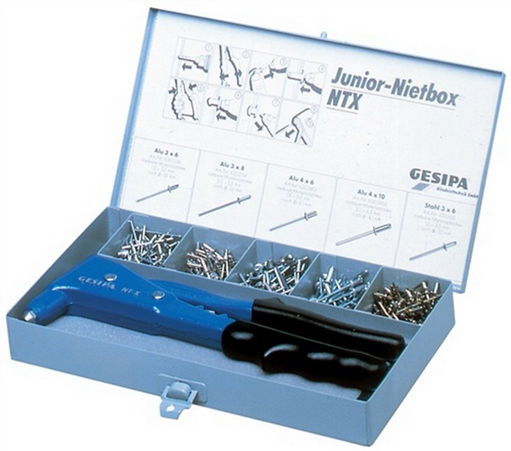 Gesipa Junior Nietbox (mit Standard-Blindnieten, Blindniete bis 5 mm Ø in Aluminium und 4 mm Ø in Stahl und Edelstahl / max. Dorn-Ø 3,0 mm, Nietgerät) 7541023