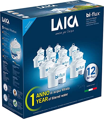 Laica Filterkartuschen bi-Flux im 12er Pack, Wasserfilter, Jahresvorrat Kartuschen, Kunststoff, Weiß, 12 Wasserfilterkartuschen