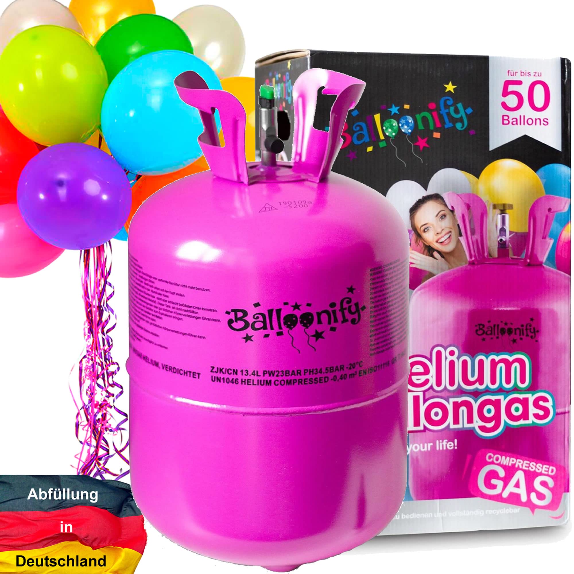 BALLONGAS FÜR 50 Luftballons + 50 Ballons + FÜLLVENTIL | Helium Einweg Flasche Luftballon Folienballon Deko Geburtstag Party Hochzeit