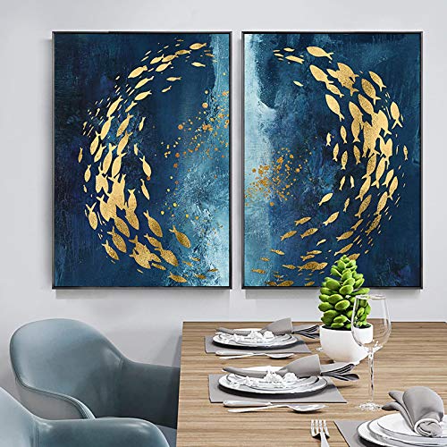 Goldener Fisch Blaues Meer Abstrakte Poster und Drucke auf Leinwand Gemälde Moderne nordische Wandkunst Bilder Wohnzimmer Gang Dekor-50x70cm 2 STK. Kein Rahmen