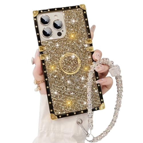 ARPHI Sparkle Crystal Bracelet for iPhone Case, 3D Diamond Pattern Phone Case, Bling Diamond Phone Case with Bracelet for iPhone (foriPhone15Plus,Gold)