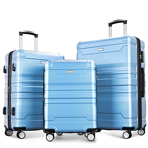 SPOFLYINN 3-teiliges Hartschalen-Gepäck-Set, erweiterbare Koffer-Sets mit Spinnrädern und TSA-Schloss für Reisen (50,8 cm / 61 cm / 71 cm), Blau, Casual