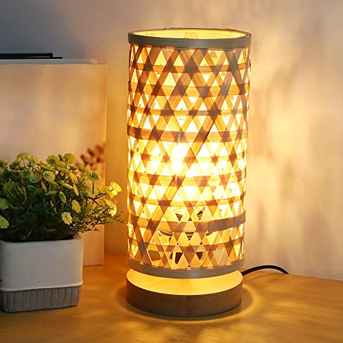 Depuley Modern LED Tischlampe Rund aus Bambus und Holz, Dekorative Nature Tischleuchte mit E27-Fassung max. 60 Watt, Nachtlicht Leselampe für Schalfzimmer Kinderzimmer, Glühbirne enthalten