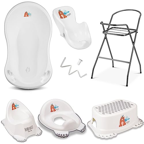 Baby Badewanne mit Gestell 7 Set TÜV Rheinland geprüft - Babybadewanne + Baby Badewannensitz + Ständer + Abfluss + Töpfchen + Hocker + WC Sitz Kinder