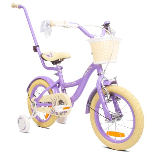 Flower Bike Mädchen Fahrrad, 12, 14, 16 Zoll Radgröße zur Auswahl, mit Abnehmbarer Schubstange, Kinder Fahrrad für Mädchen von 2 bis 6 Jahre (Lavender, 14 Zoll)