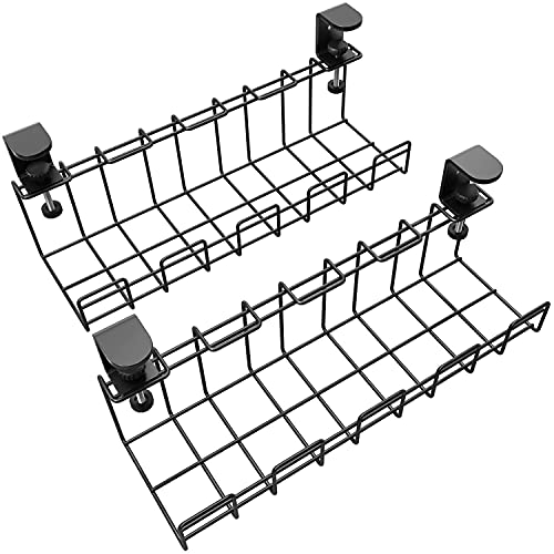 KD Essentials – 2× Kabelkorb aus Metall, 2er-Pack – Klemmbarer Kabelhalter, schraubenlos befestigt (Tischhalterung/C-Klemme für Tischmontage, verstaut Kabel, Ladegeräte, Steckdosenleisten, schwarz)