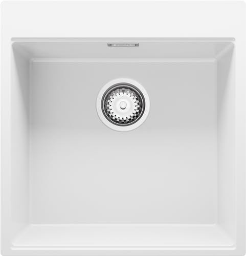 Spülbecken Weiß 49x50 cm, Granitspüle + Ablauf-Set, Küchenspüle für 50er Unterschrank, Einbauspüle von Primagran